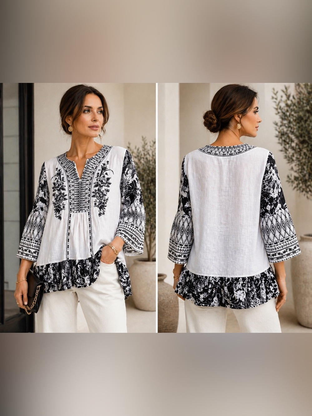 Johnny Was Linen Embroidered Blouse M Black White Boho Chic Mothers Day Gift Top